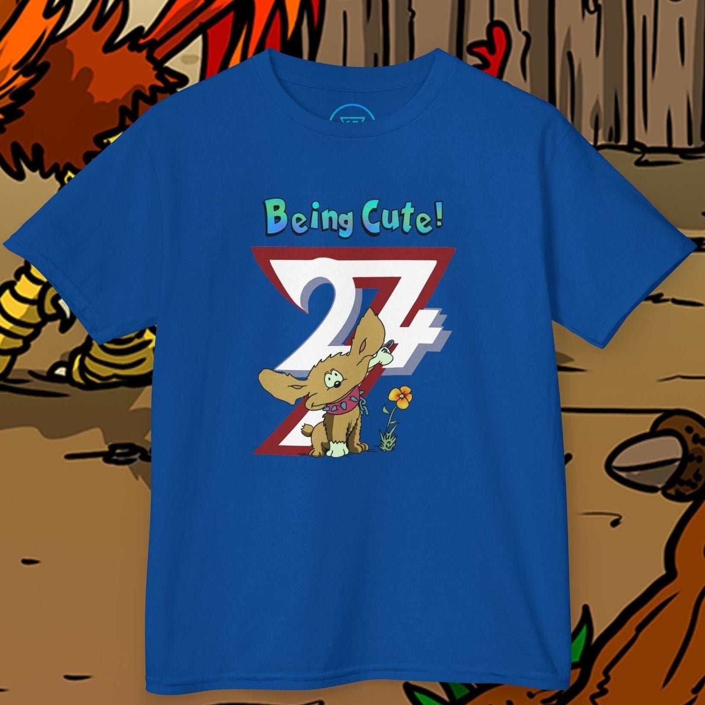 Blue kids t-shirt with hand-drawn cartoon puppy and "Being Cute!" text puppy kids t-shirt