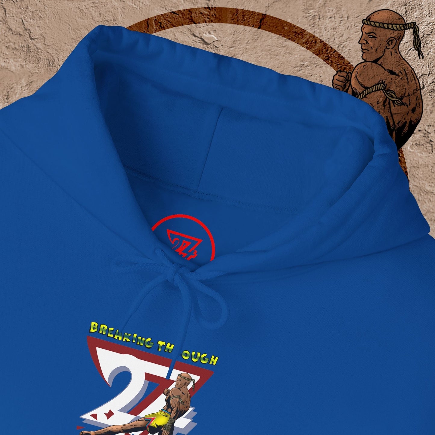 Blue muay thai hooded sweatshirt with fighter graphic and statement text, designed for combat sports enthusiasts.