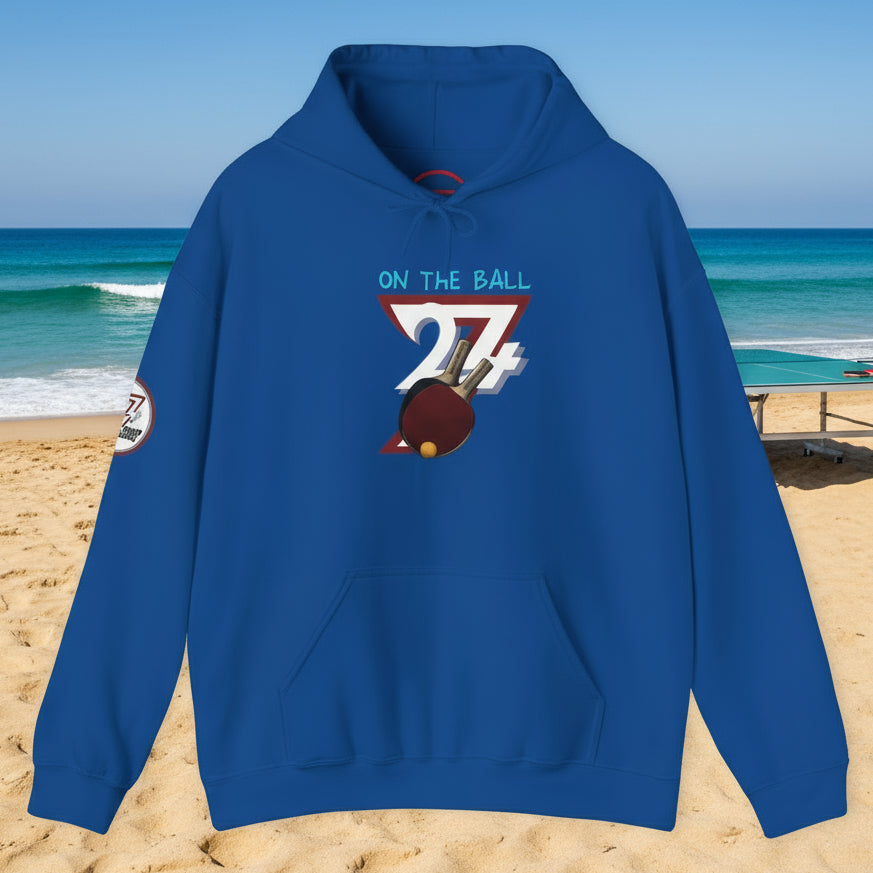 Blue ping pong hoodie with hand-drawn design and kangaroo pocket for adults