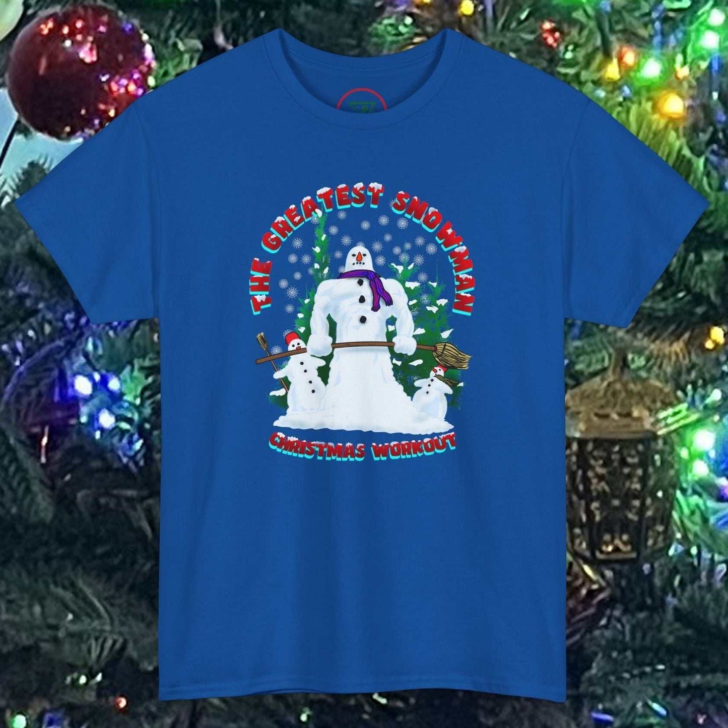 Blue snowman gym t-shirt with cartoon snowman lifting dumbbells and festive holiday design