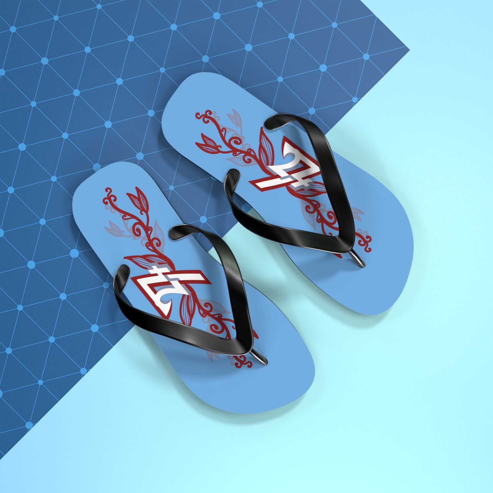 Blue summer flip flops with vibrant floral design