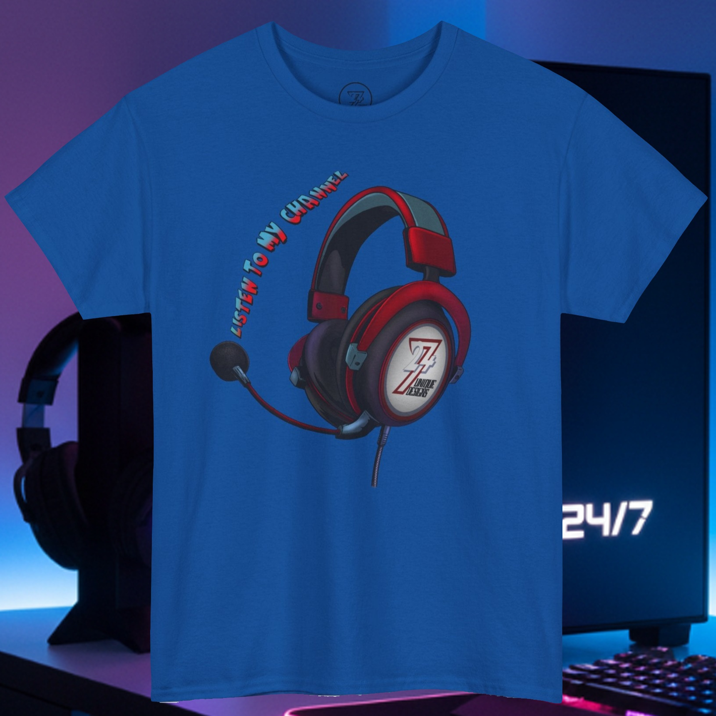 Blue custom t-shirt with red and black headphones graphic and "Listen To My Channel" text, ideal for streamers and content creators