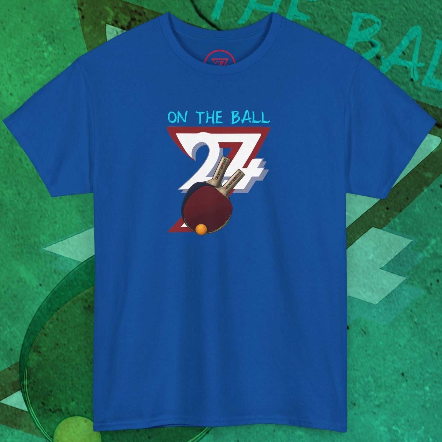 Blue table tennis t-shirt with hand-drawn paddle and ball graphic, 90s style vintage design
