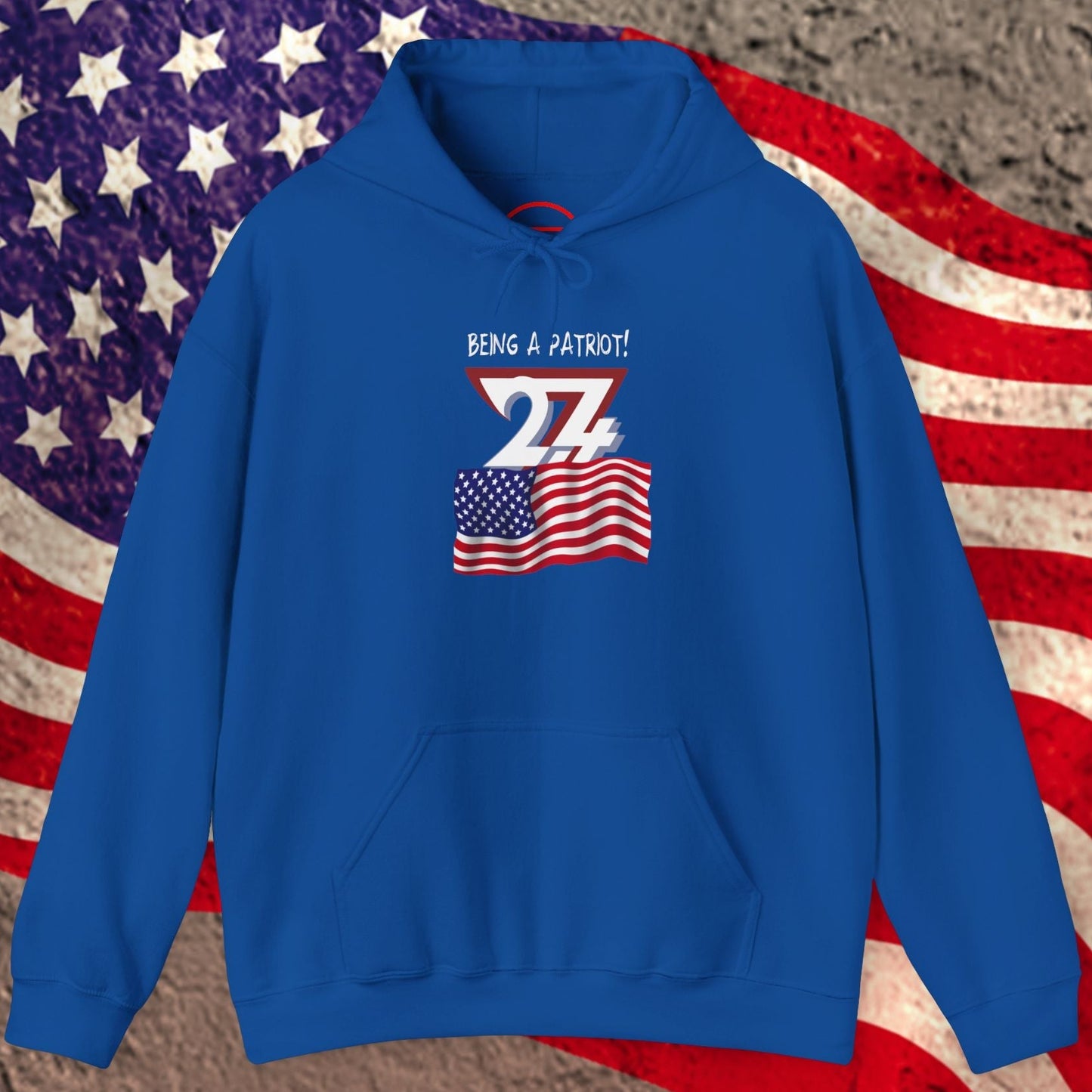 Blue usa flag hoodie with a graphic design on an American flag background