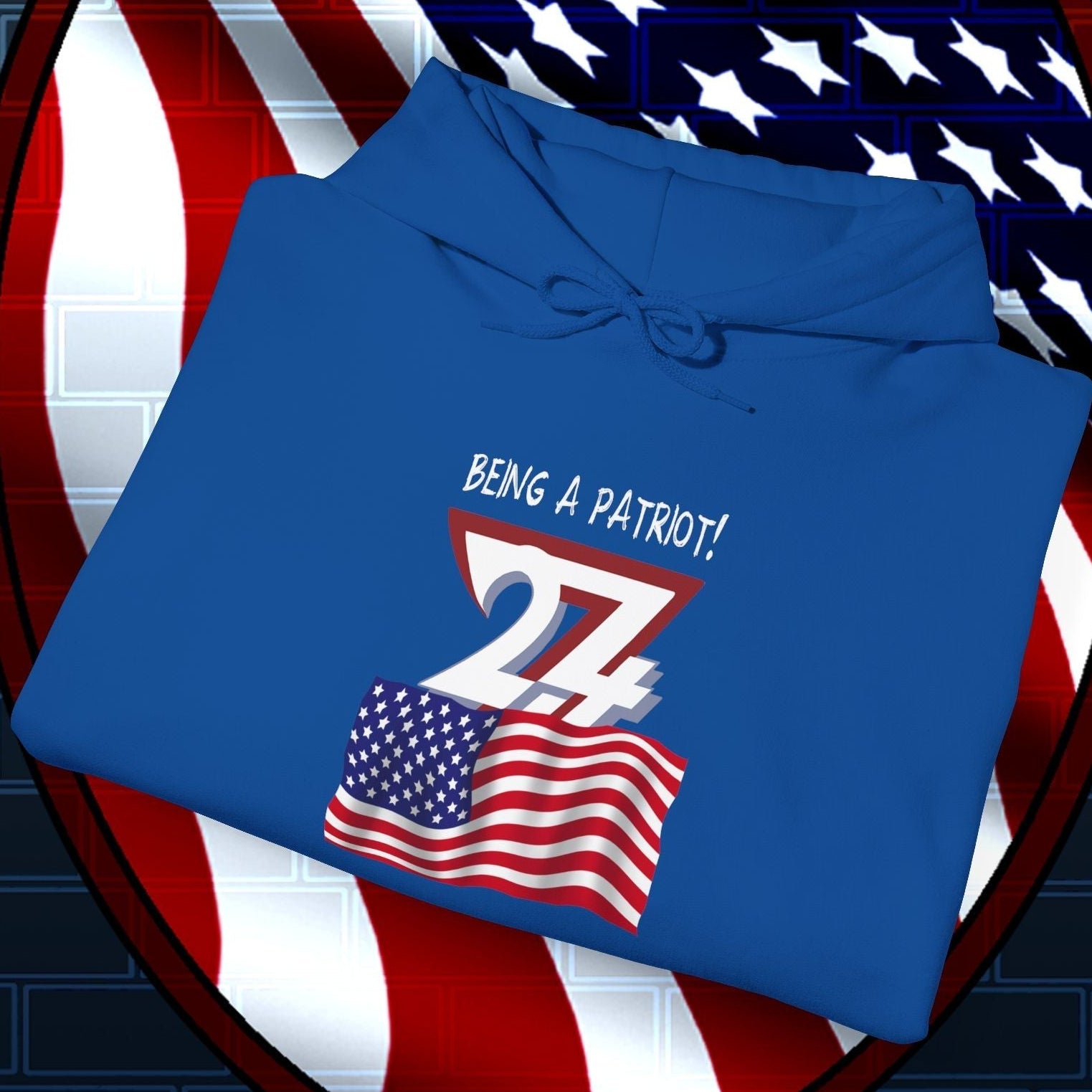 Blue usa flag hoodie with patriotic hand-drawn design and "Being a Patriot!" text folded on american flag shield background