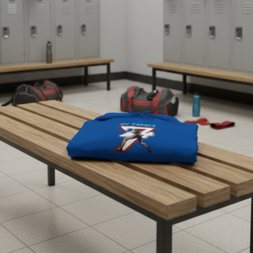 Blue women's boxing hoodie with feminine boxer illustration and "ON TARGET" text, adjustable hood and kangaroo pocket.