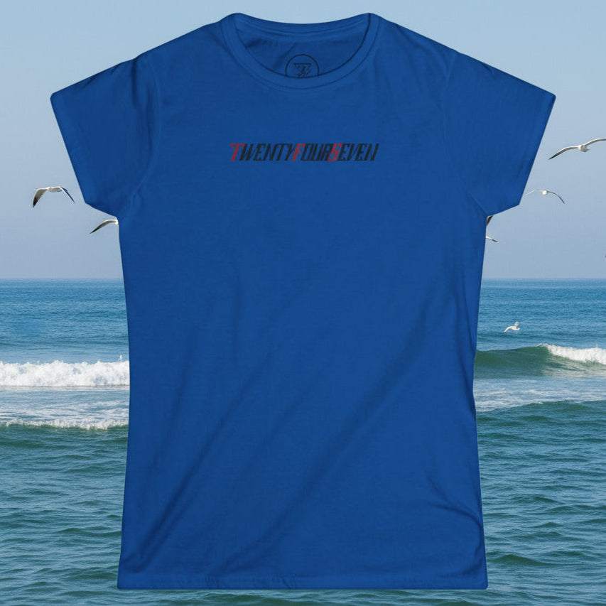 Blue women's t-shirt with unique "twentyfourseven" bold text design for night outs and parties