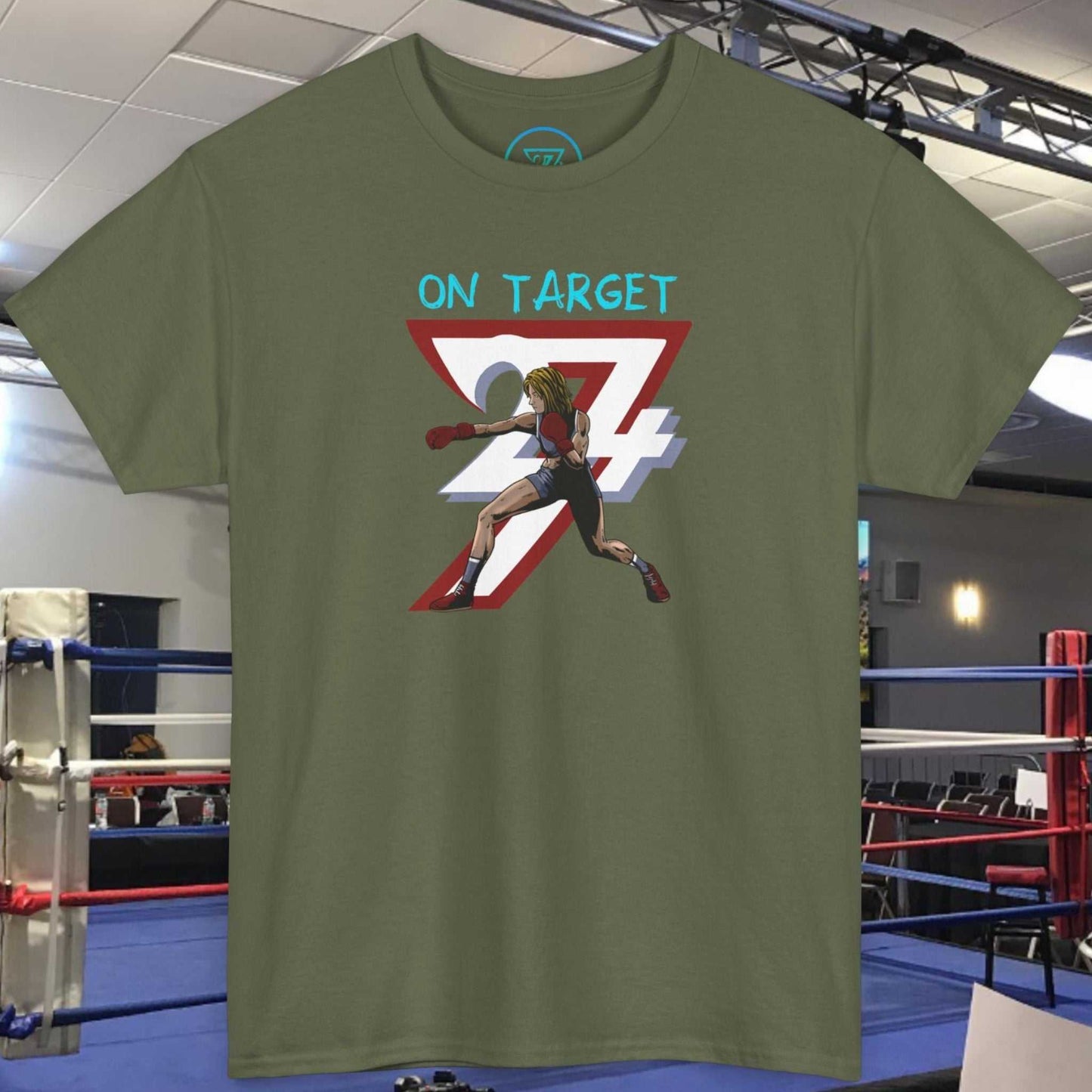 Boxer Girl T-Shirt with hand-drawn boxing art on olive green fabric, featuring a female boxer and "On Target" text, perfect for fighters and combat sports fans.