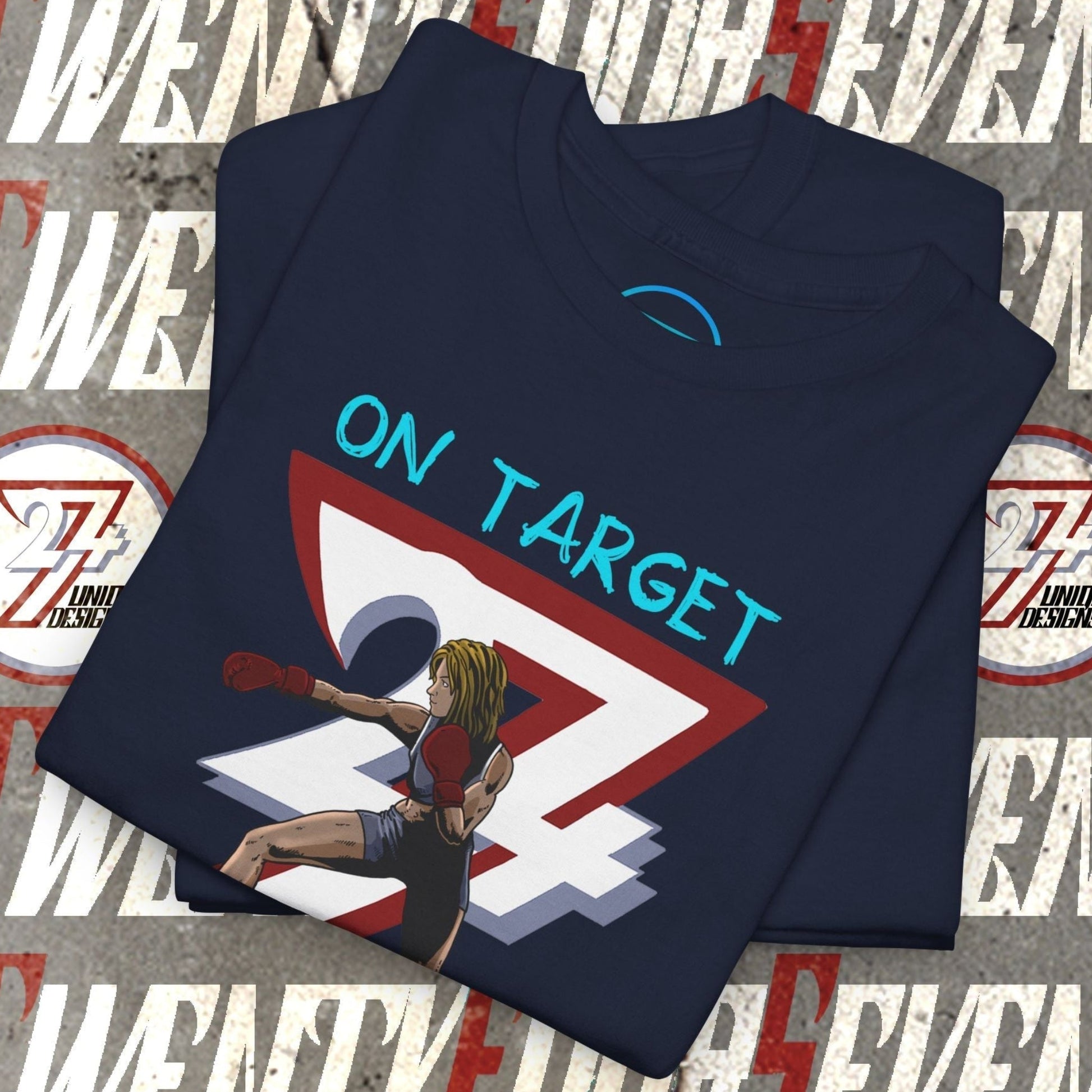 Boxer Girl T-Shirt with hand-drawn boxing girl art and "On Target" text, navy blue combat sports tee for fighters and fans