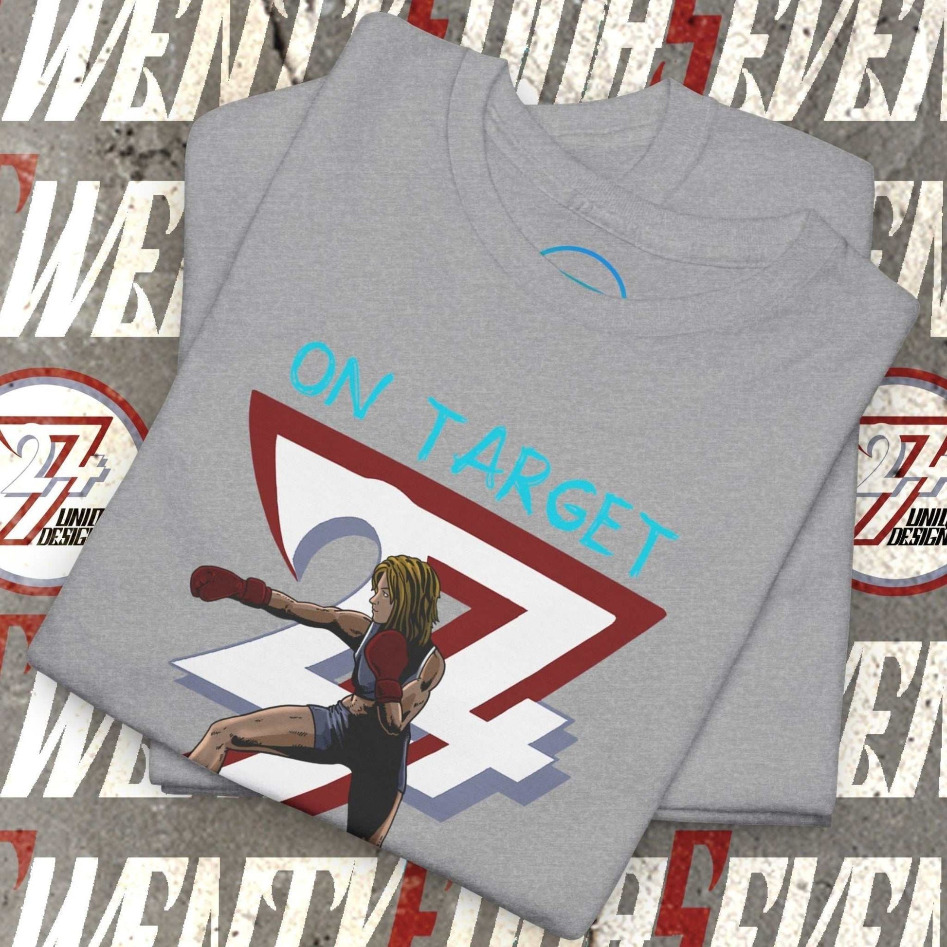 Boxer Girl T-Shirt with hand-drawn female boxer art and "On Target 24/7" design in gray cotton tee