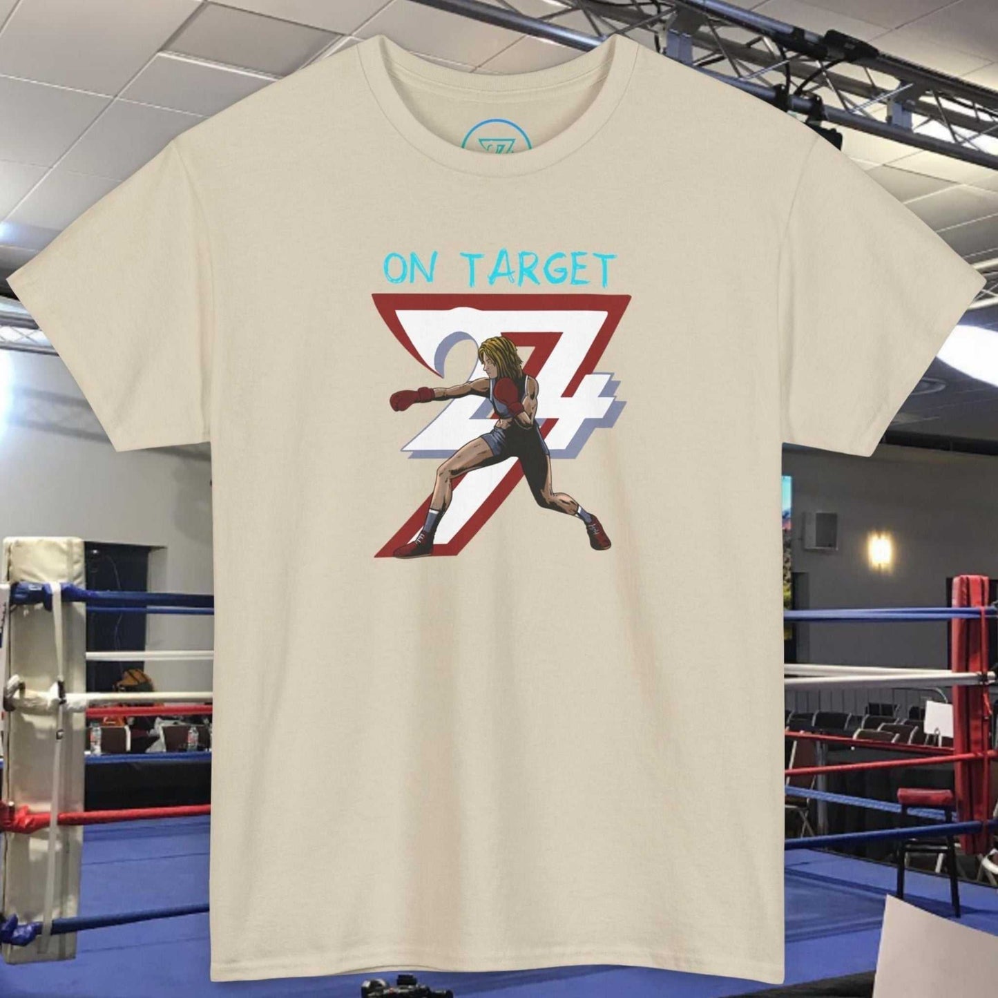 Boxer Girl T-Shirt with hand-drawn female boxer artwork and "On Target" text, made of 100% cotton, ideal for fighters and combat sports fans