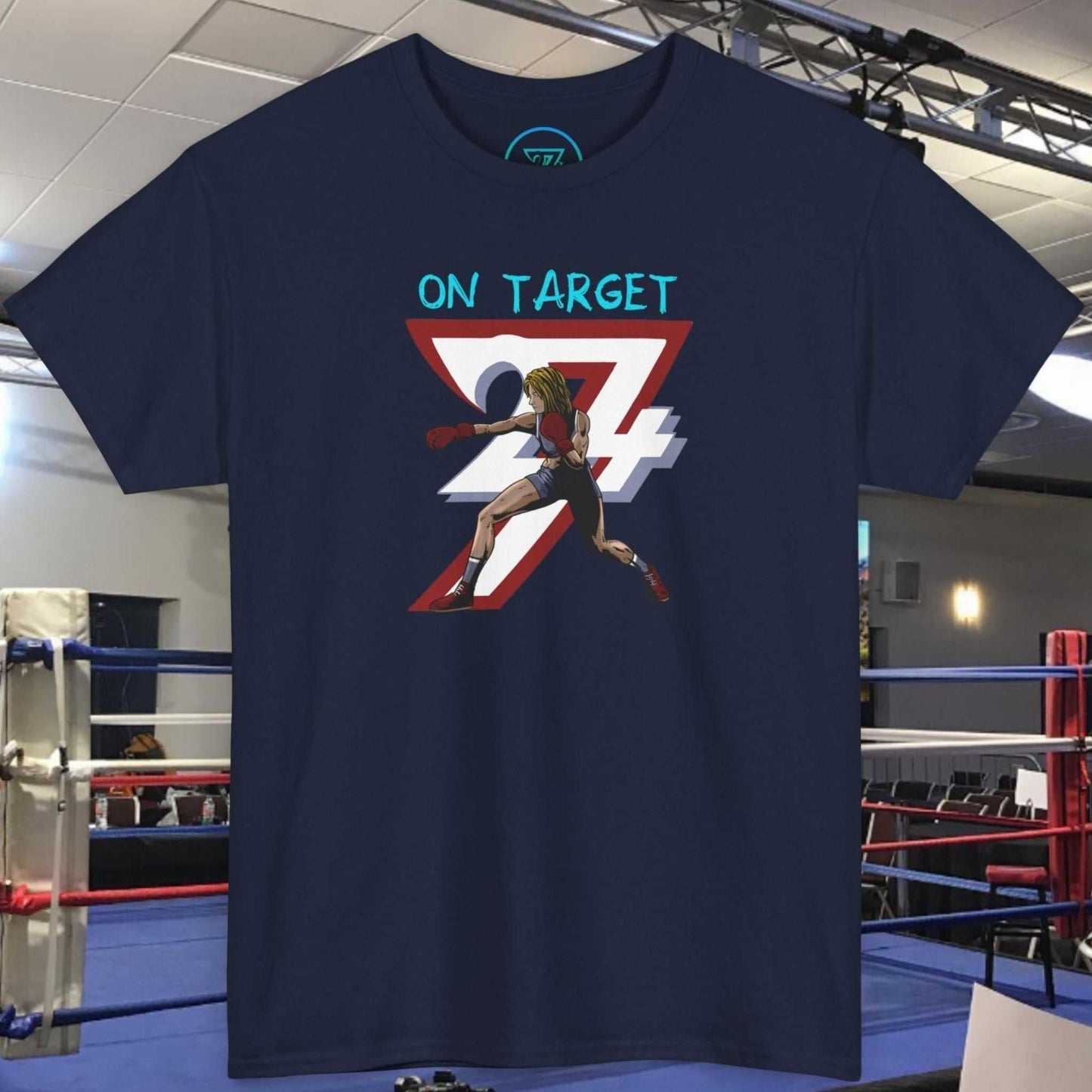 Boxer Girl T-Shirt with hand-drawn female boxer artwork and "On Target" text on navy fabric, designed for fighters and combat sports fans.