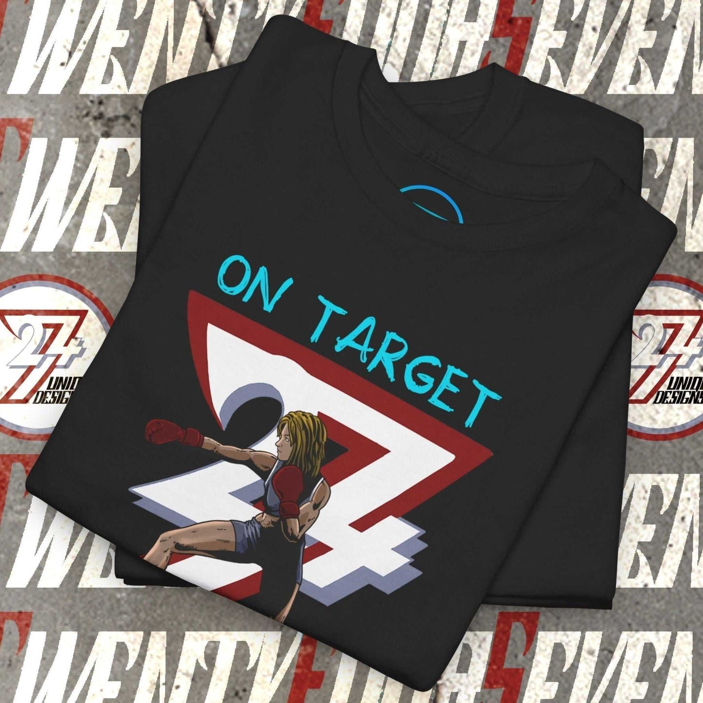 Boxer Girl T-Shirt with hand-drawn female boxer graphic and "On Target" text, black cotton tee for combat sports fans
