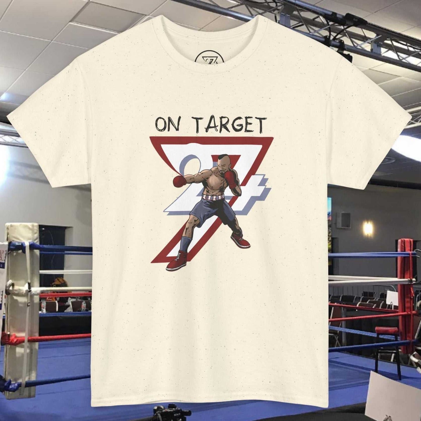 Boxing graphic shirt featuring hand-drawn boxer in action with "On Target" text on white tee
