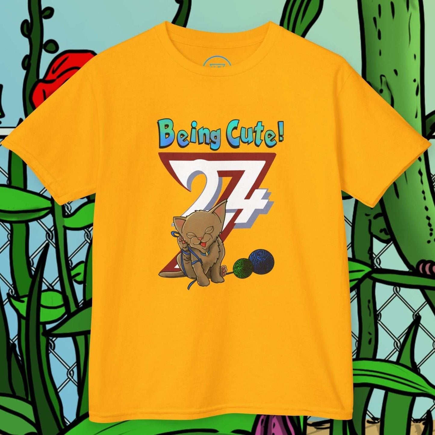 Bright yellow kids cat t-shirt with playful hand-drawn kitty and "Being Cute!" text design