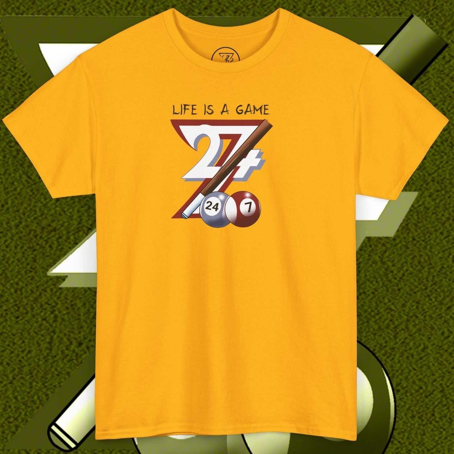 Bright yellow pool tee with hand-drawn billiards design and "Life is a Game" text on front