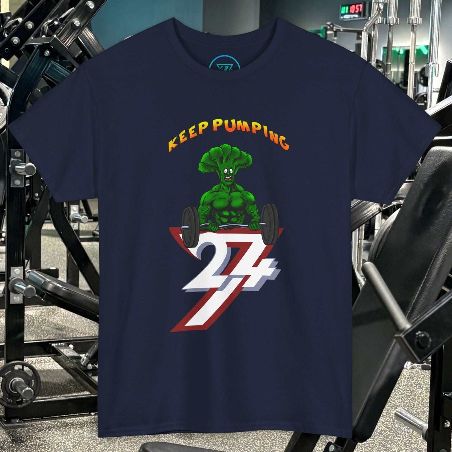 Broccoli weightlifting cartoon t-shirt with "Keep Pumping" gym design on navy cotton tee