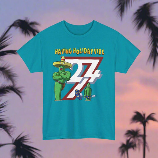 Cactus on T-shirt Unique Design Leonando Holiday Vibe T-shirt tropical blue