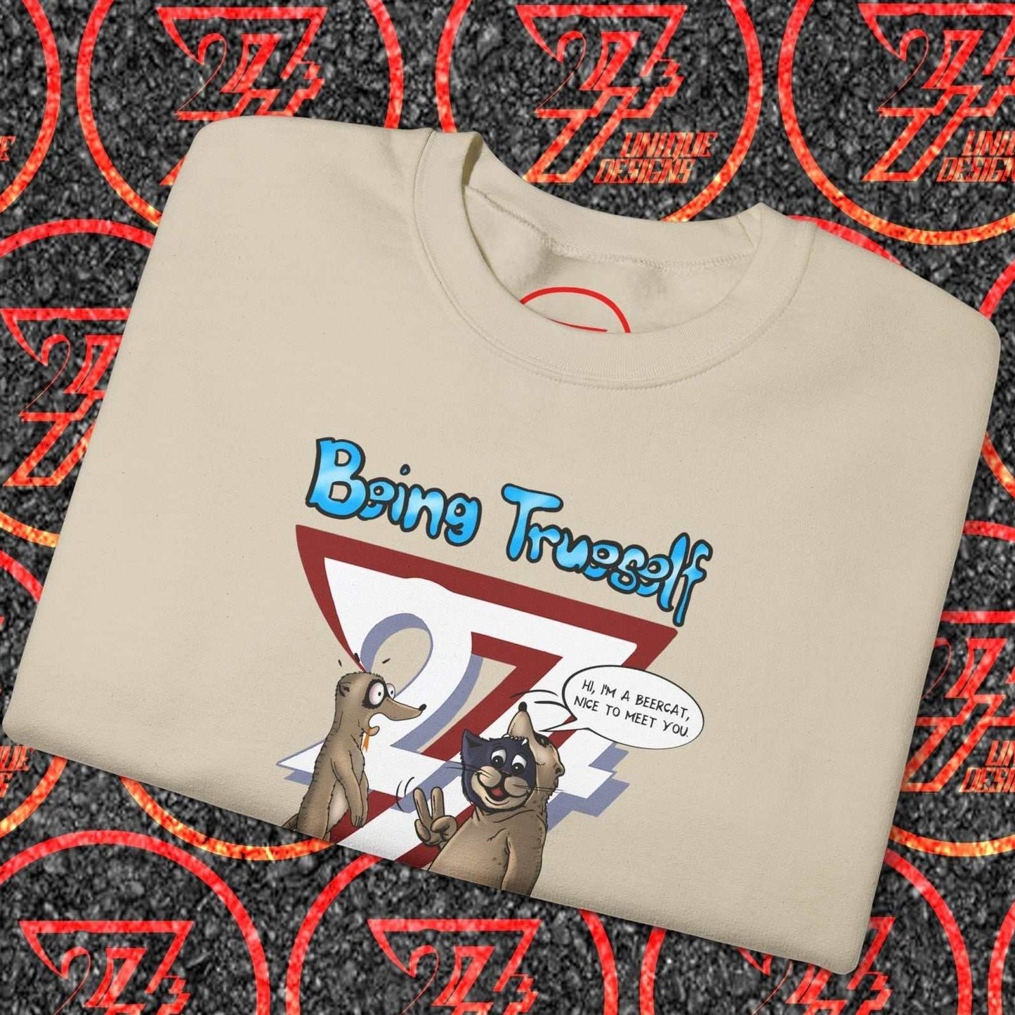 Cat with Meerkat Sweatshirt featuring funny cartoon slogan "Being Trueself" on beige unisex crewneck sweatshirt