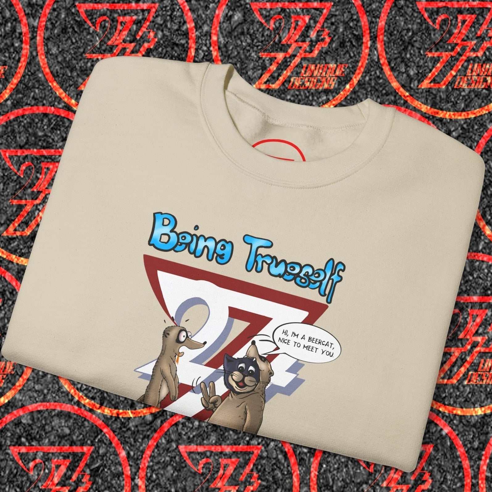 Cat with Meerkat Sweatshirt featuring funny cartoon slogan "Being Trueself" on beige unisex crewneck sweatshirt