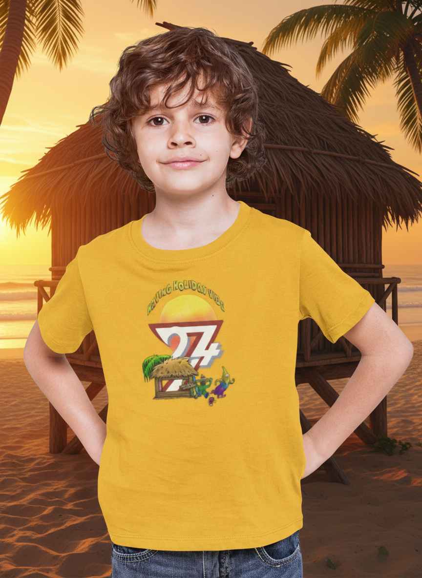 Child wearing yellow banana t-shirt with cartoon beach holiday print