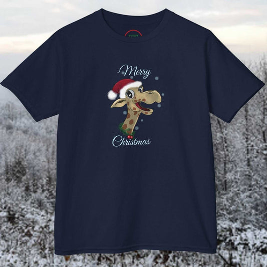 Children's navy Christmas giraffe t-shirt with festive cartoon animal design and "Merry Christmas" text