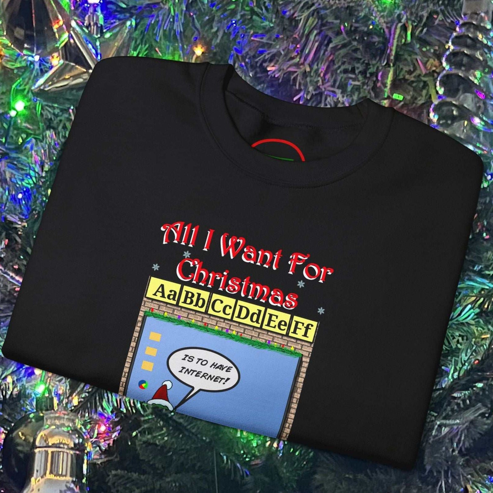 Christmas Teachers and Elves Sweatshirt with funny cartoon design on black fabric, displayed on Christmas tree background