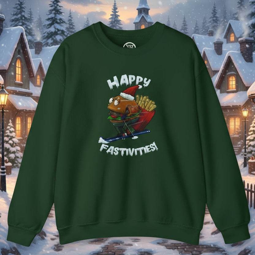 Christmas burger sweatshirt with skiing Santa Claus burger and Happy Fastivities text on dark green crewneck jumper