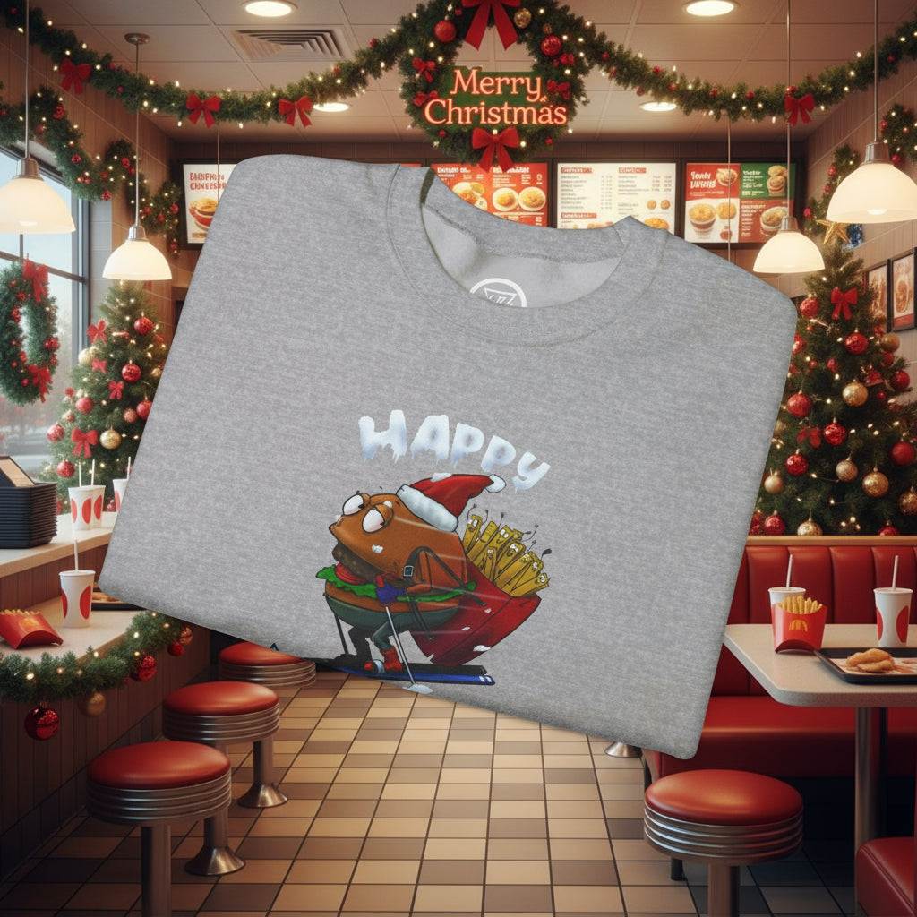 Christmas burger sweatshirt with skiing Santa burger cartoon design on gray fabric