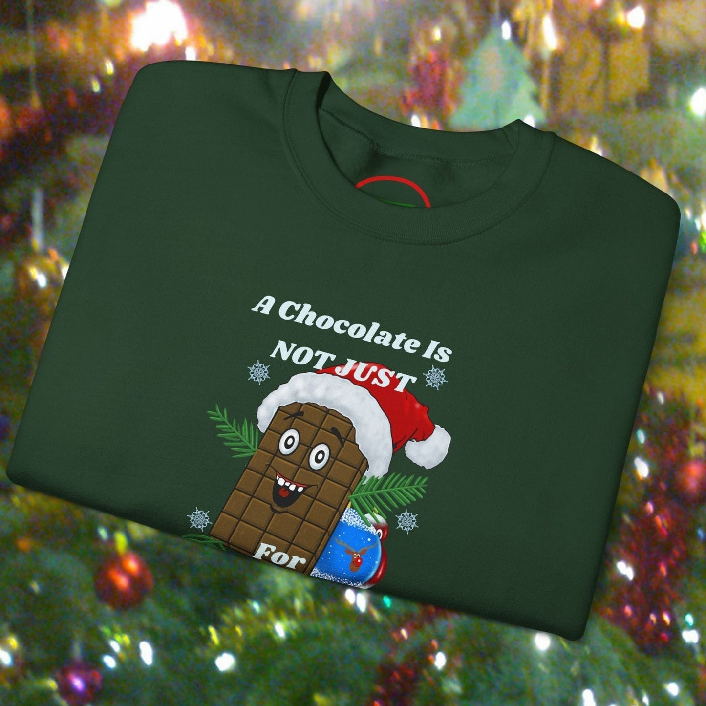 Christmas chocolate sweatshirt with funny chocolate character wearing Santa hat, festive winter apparel design