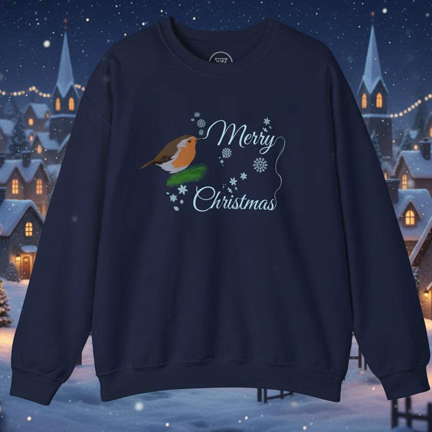 Christmas robin sweatshirt navy blue with festive robin and Merry Christmas design