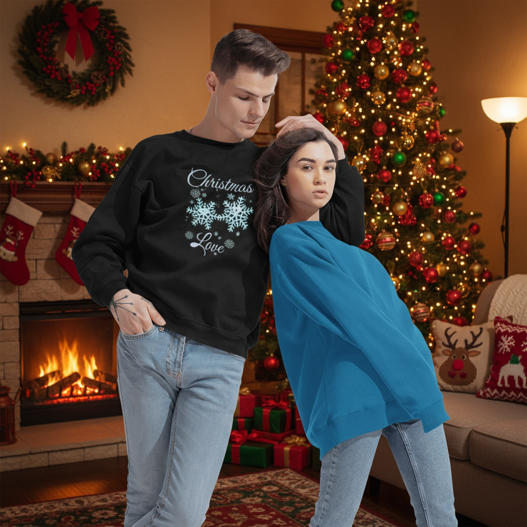 Christmas sweatshirt with snowflakes and love design worn by models in cozy festive living room with decorated Christmas tree and fireplace