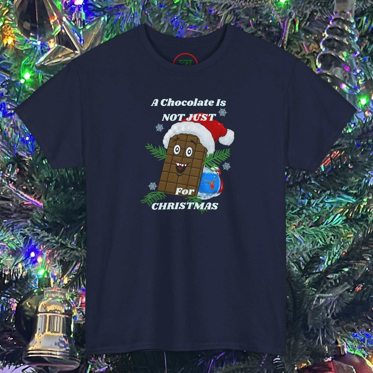 Christmas tee with hand-drawn chocolate bar wearing Santa hat and festive text design