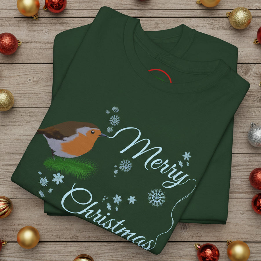Christmas tee with hand-drawn robin design and Merry Christmas text on green fabric, perfect for festive holiday wear