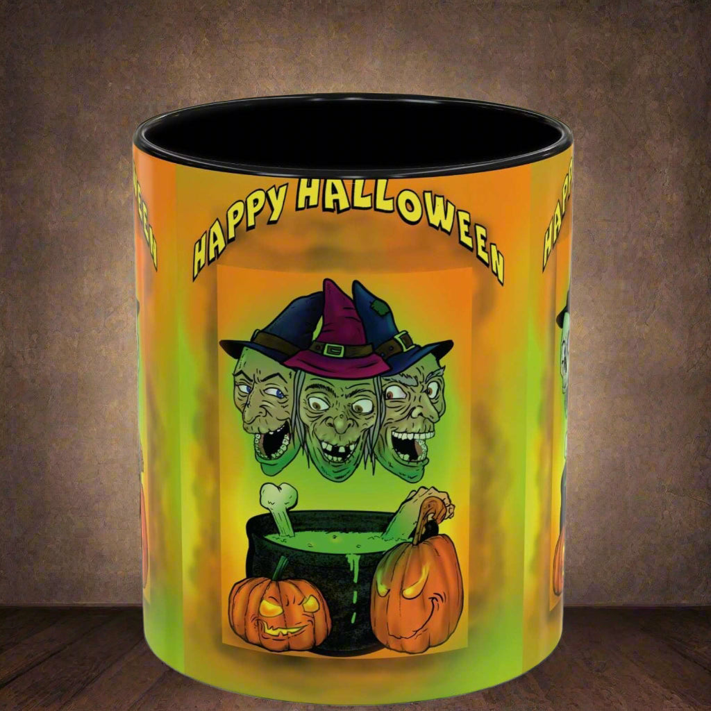 Coffee Mug - Witches and Skulls Halloween Mug featuring vibrant witches and skulls design.