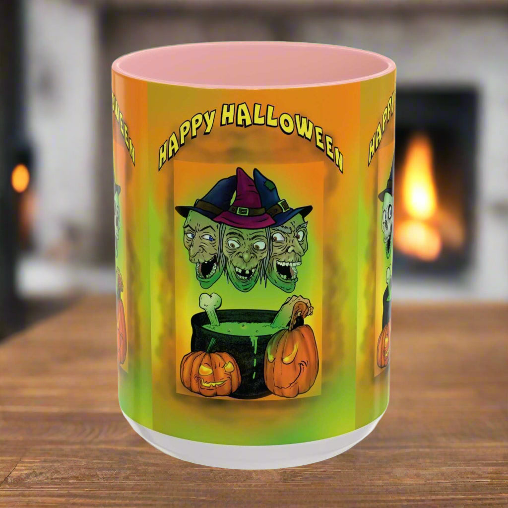Coffee Mug - Witches and Skulls Halloween Mug featuring vibrant witches and skulls design, perfect for spooky season enthusiasts.