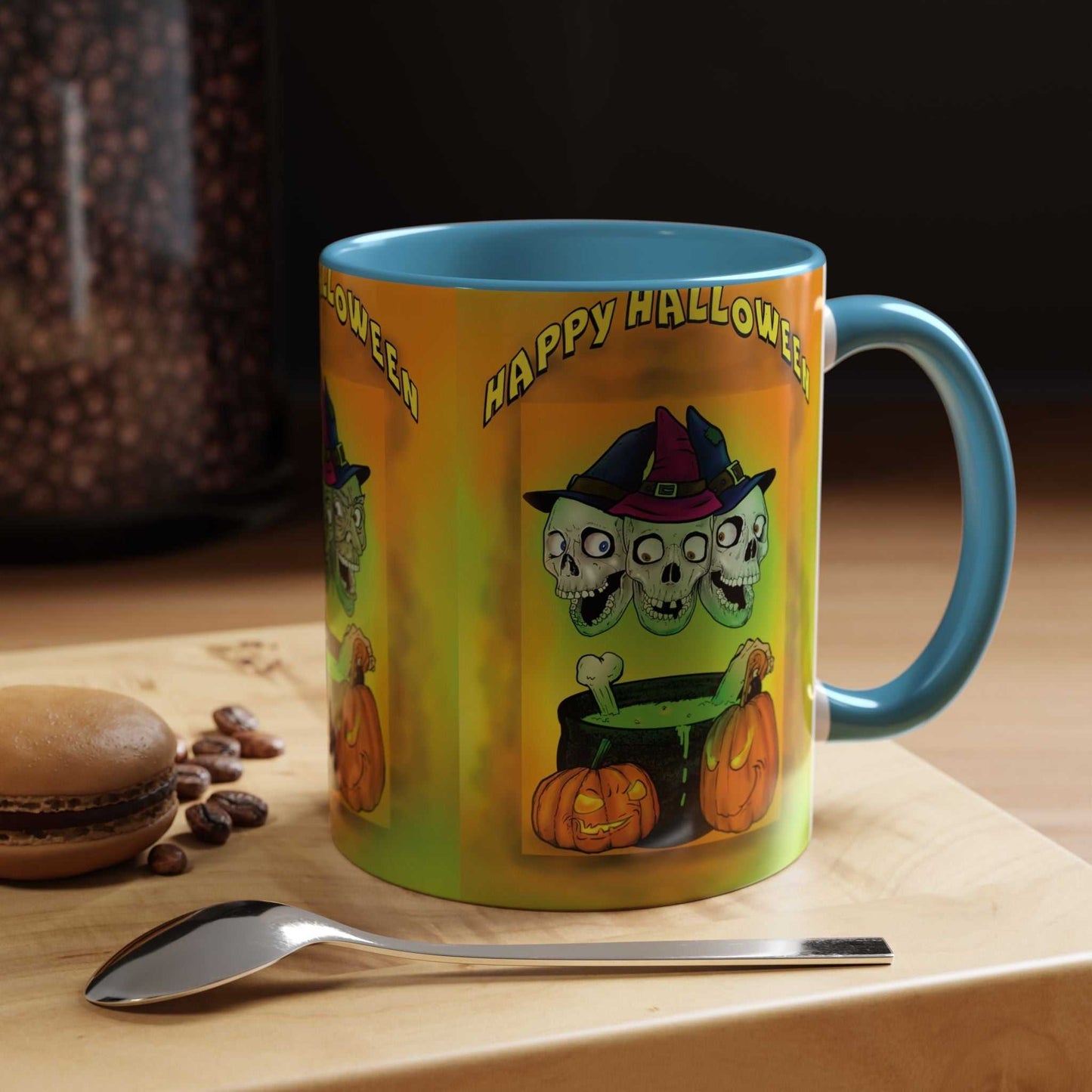 Coffee Mug - Witches and Skulls Halloween Mug with colorful design, perfect for spooky season.