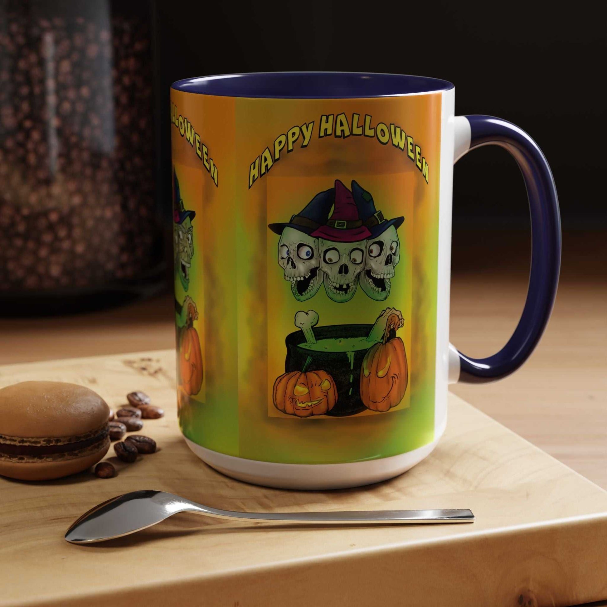 Coffee Mug - Witches and Skulls Halloween Mug with vibrant colors, 15oz, on wooden table.