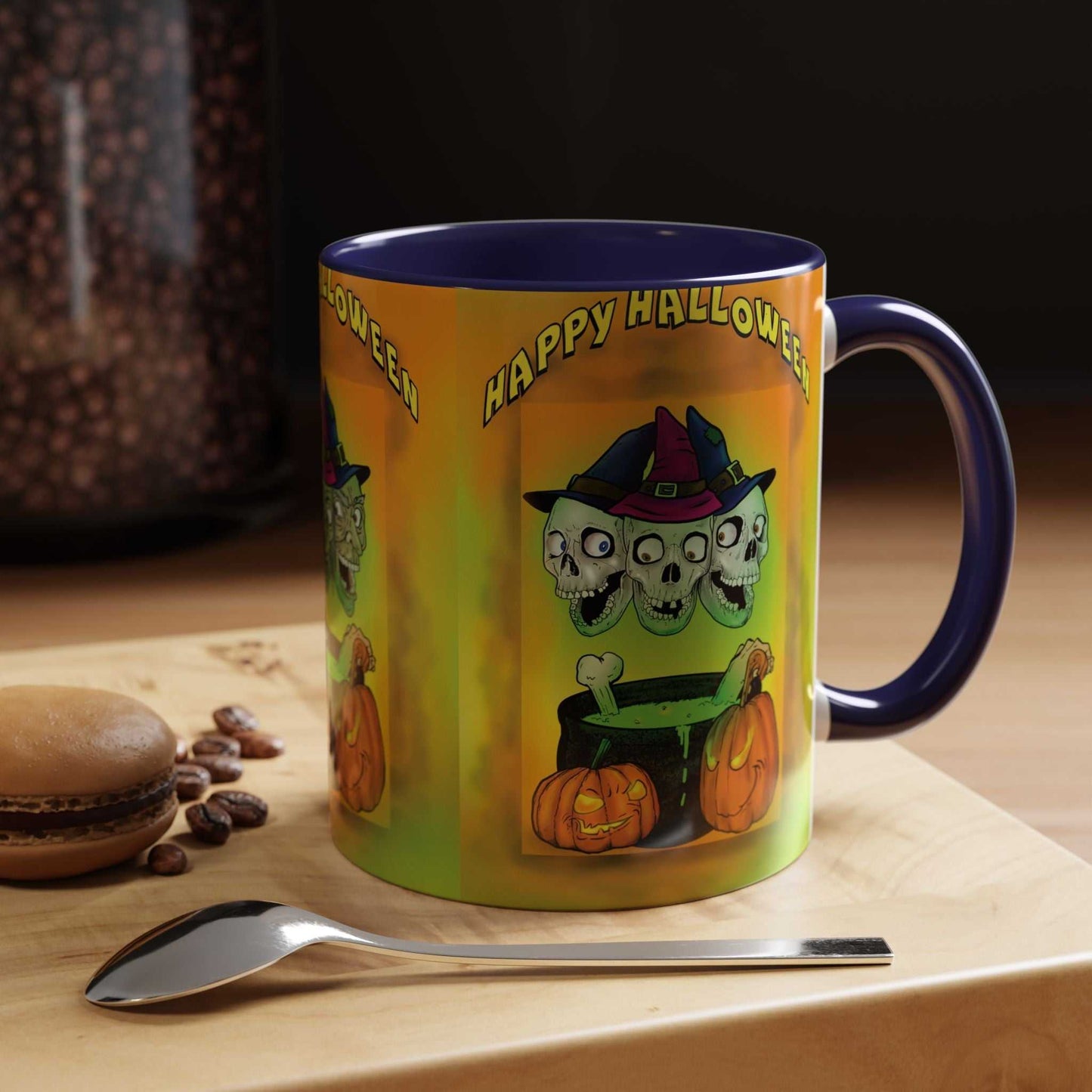 Coffee Mug - Witches and Skulls Halloween Mug with vibrant colors, C-shaped handle, and festive design by 24/7 Unique Designs.