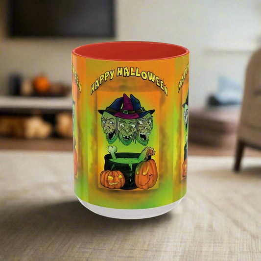 Coffee Mug - Witches and Skulls Halloween Mug with vibrant design.