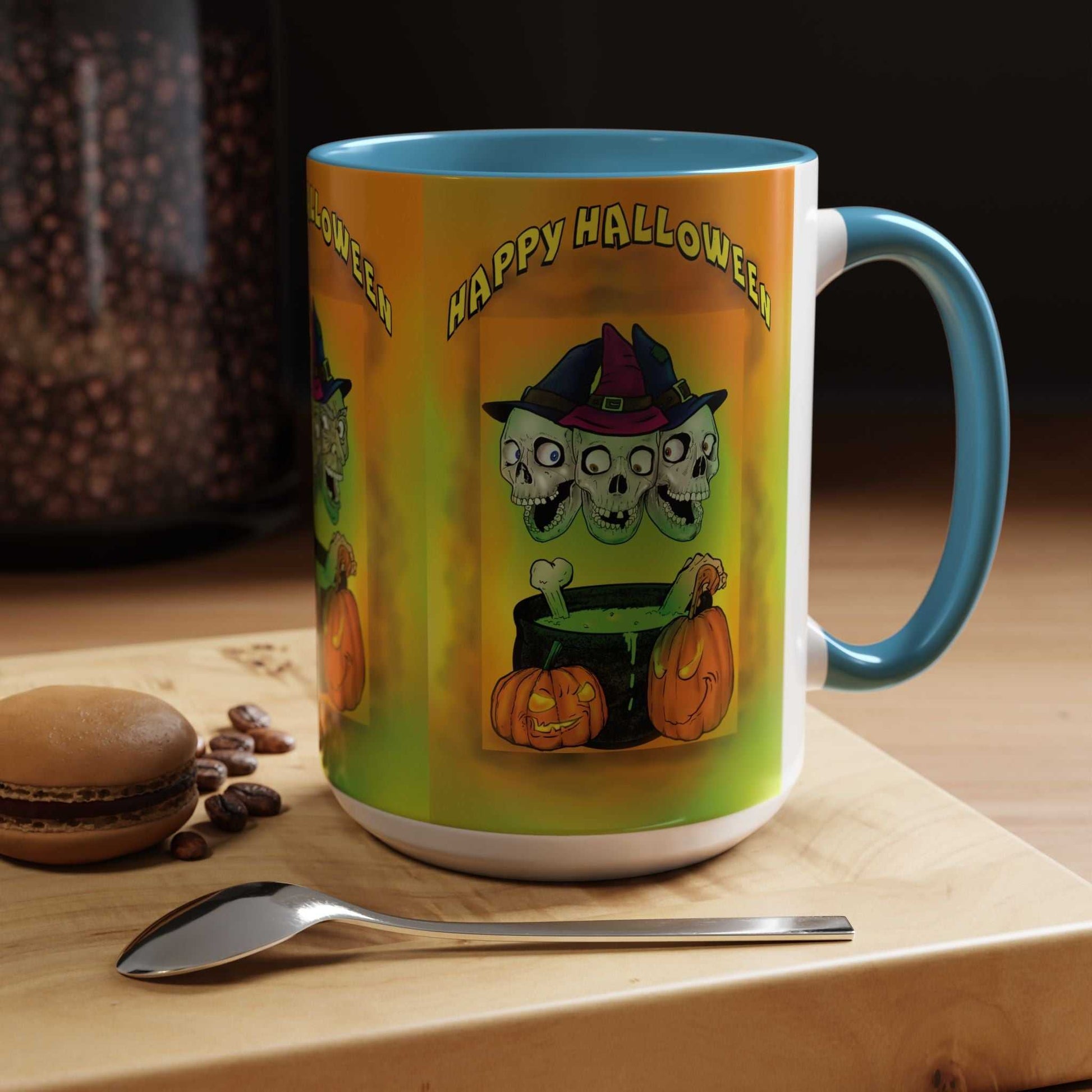 Coffee Mug - Witches and Skulls Halloween Mug with vibrant design, ideal for spooky season.