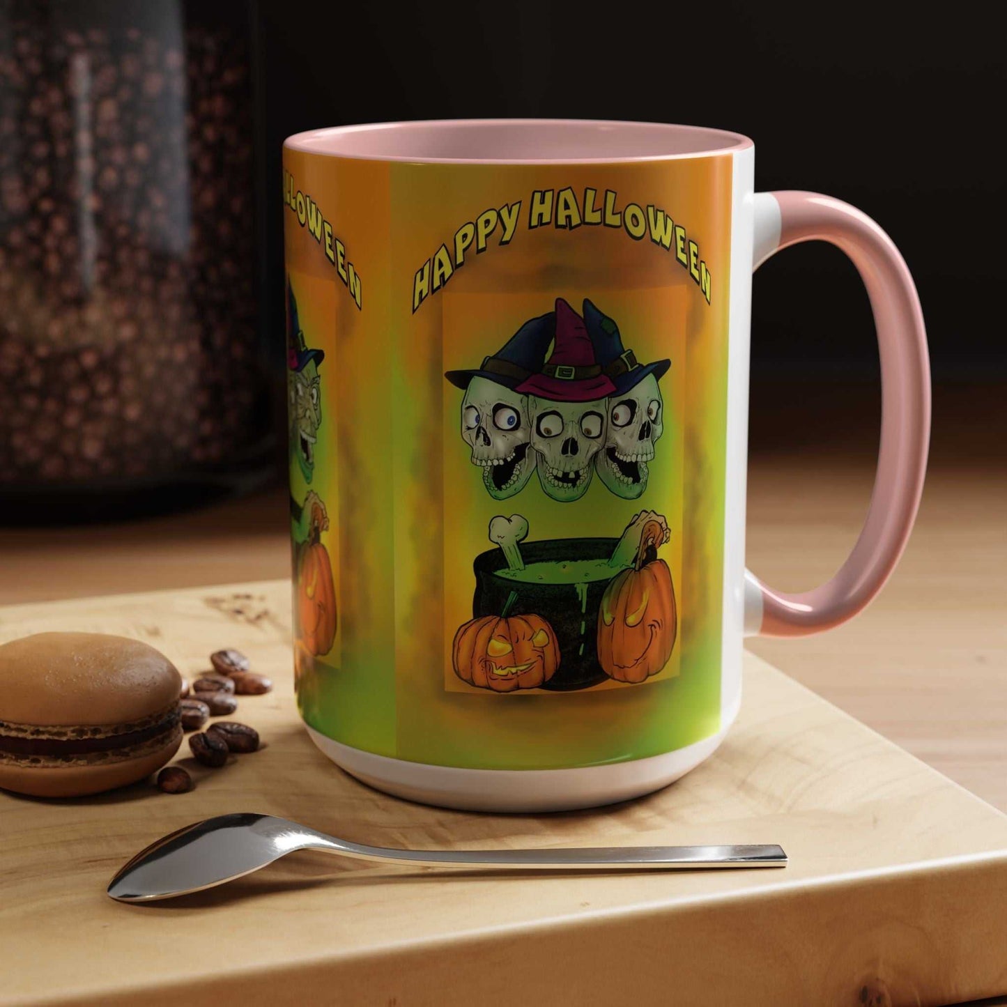 Coffee Mug - Witches and Skulls Halloween Mug with witches and skulls design, perfect for Halloween.