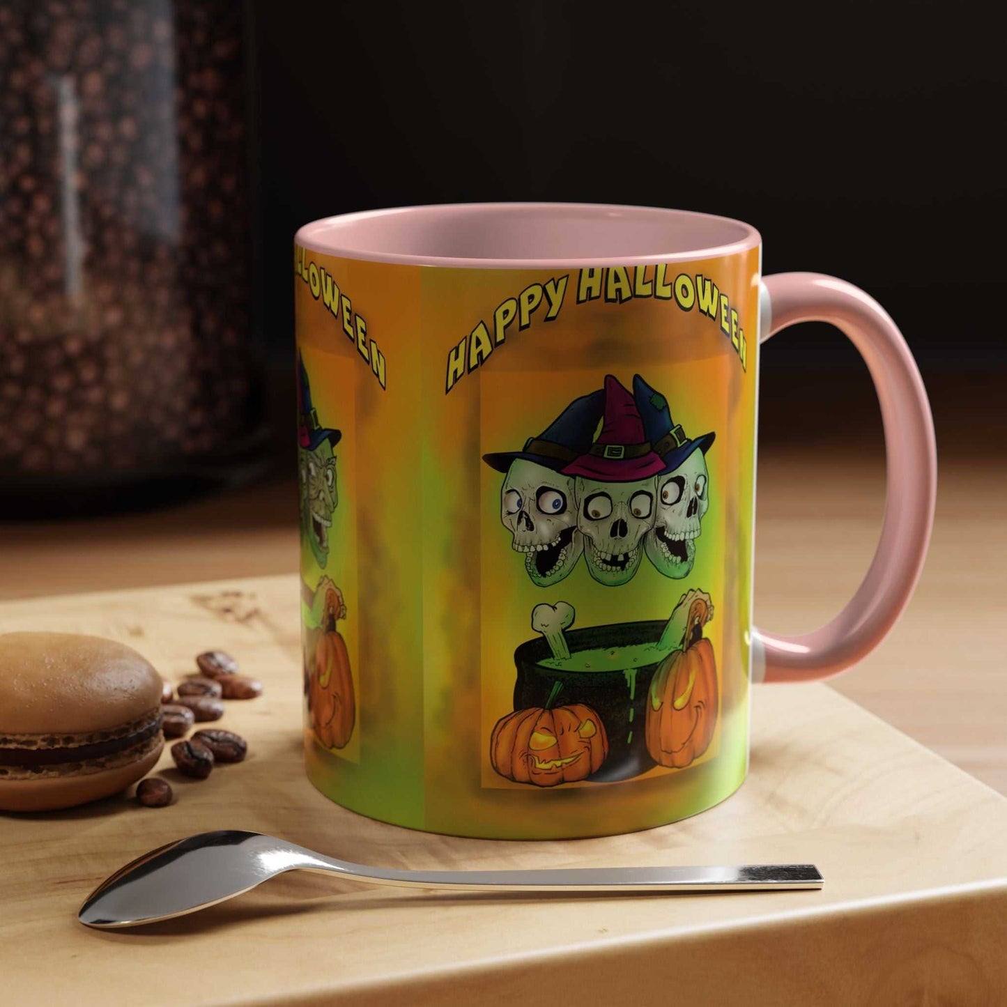 Coffee Mug - Witches and Skulls Halloween Mug with witches and skulls design, perfect for spooky season; dishwasher and microwave safe.