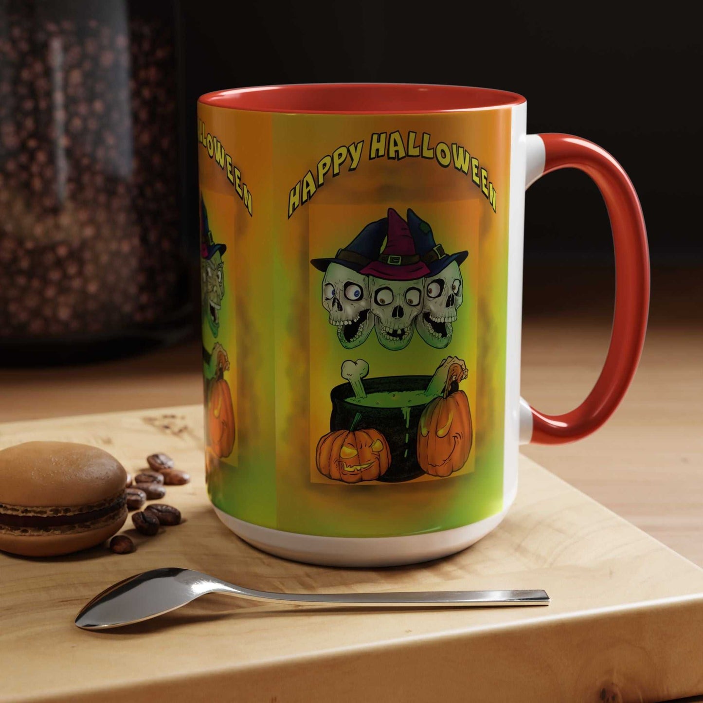 Coffee Mug - Witches and Skulls Halloween Mug with witches and skulls design, vibrant colors, microwave and dishwasher safe, available in 11oz and 15oz sizes.