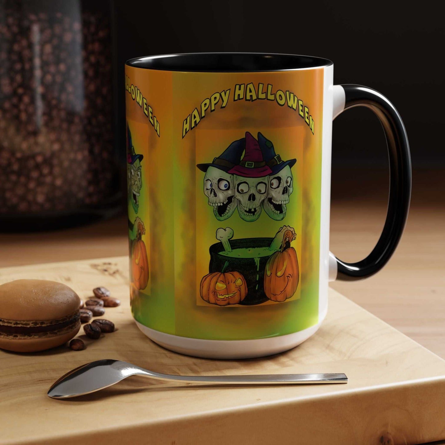 Coffee Mug - Witches and Skulls Halloween Mug with witches and skulls design, vibrant colors, perfect for spooky season.