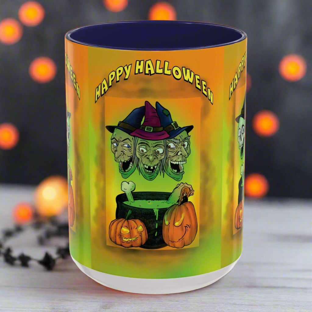 Coffee Mug - Witches and Skulls Halloween Mug with witches and skulls design, vibrant colors, perfect for spooky season.