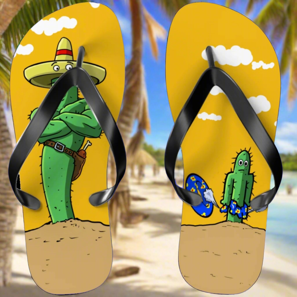 Comfortable funny yellow flip flops with cactus design - unique summer beach sandals