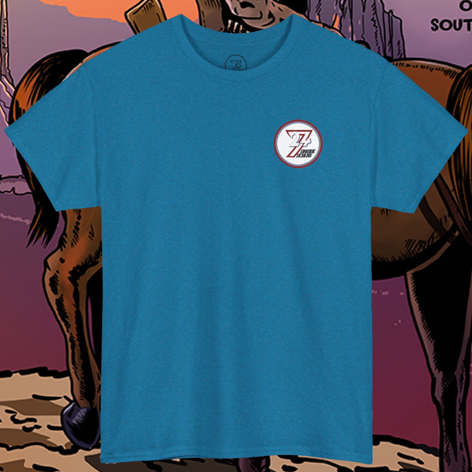 Comic character t-shirt superheroes comics tee by 24/7 Unique Designs antique sapphire front