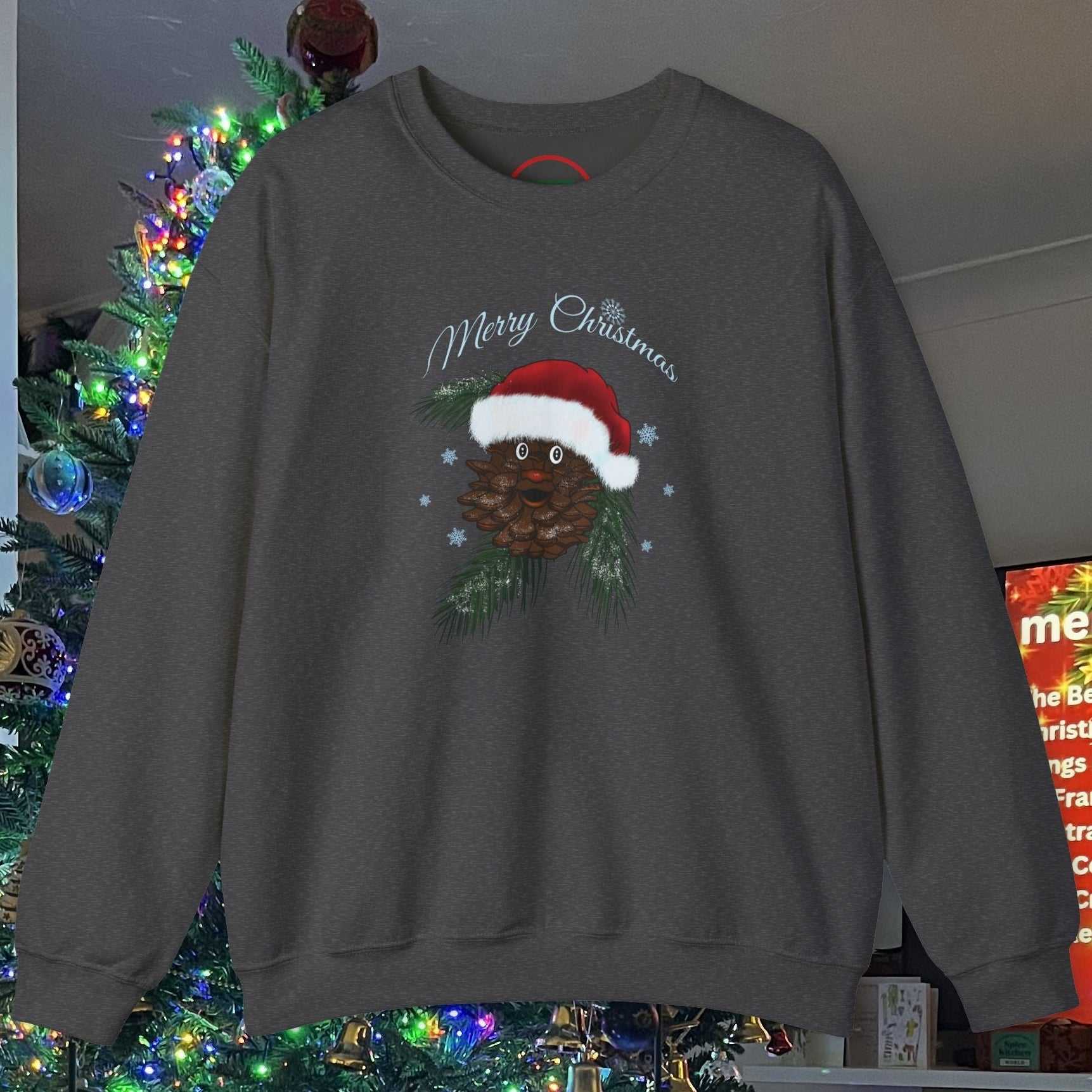 Cozy Santa Pinecone Christmas sweatshirt with hand-drawn pinecone wearing Santa hat and festive design