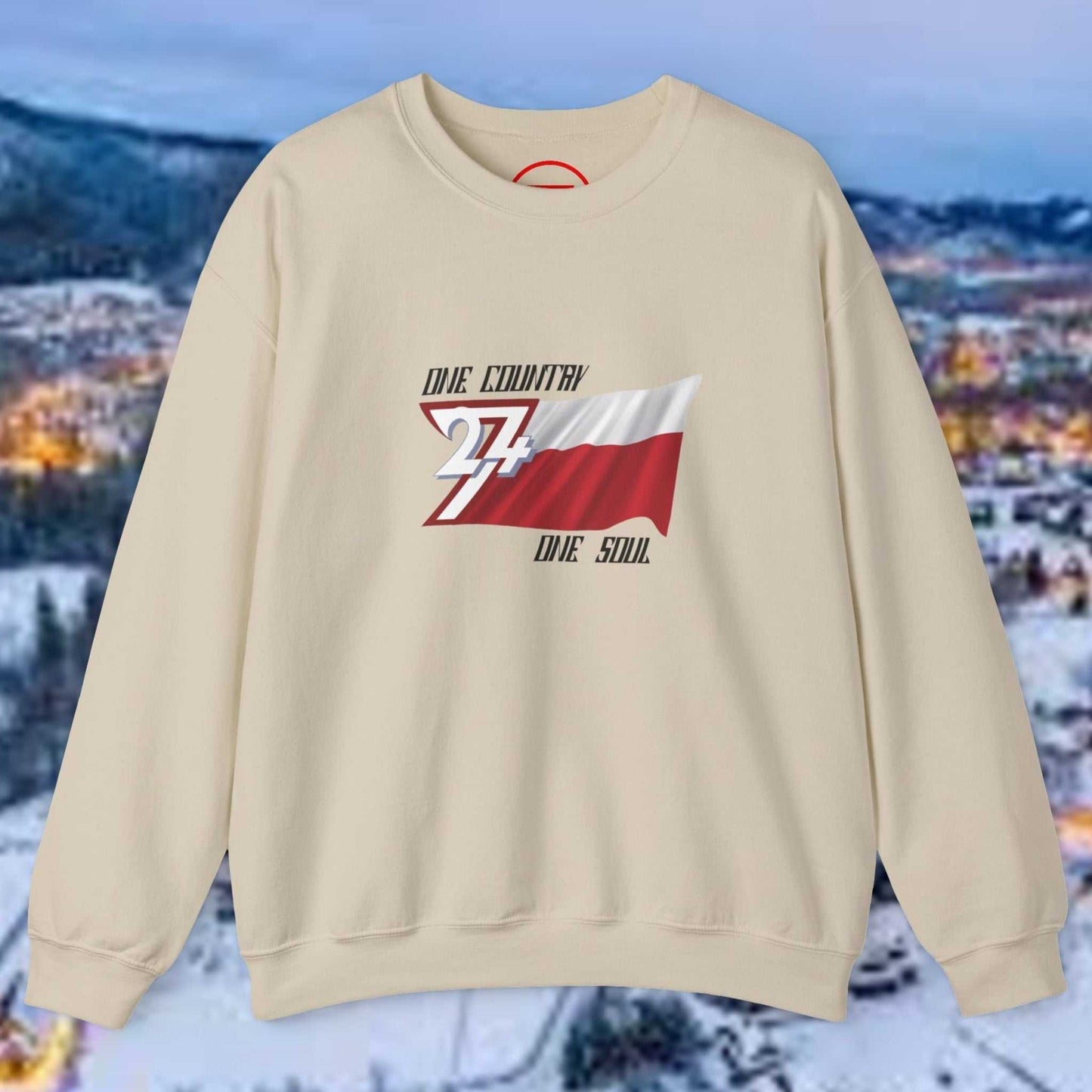 Cream Poland jumper sweatshirt with "One Country One Soul" text and hand-drawn Polish flag design on chest